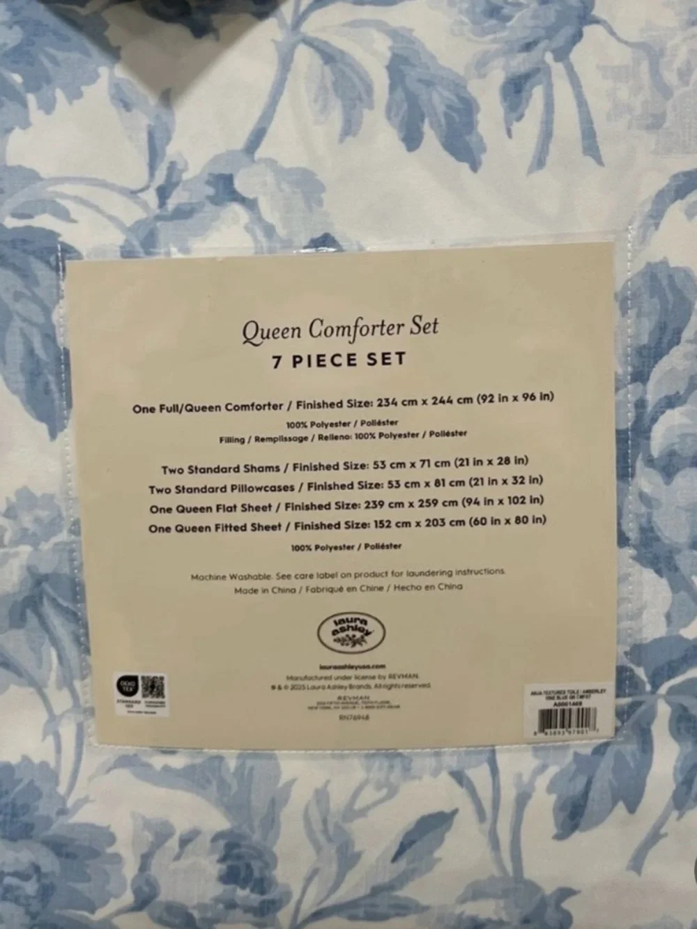 Laura Ashley Floral Blue and White 7 Piece Queen Comforter Set